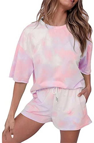 Batik-Pyjama für Damen Rundhals kurzärmelige Shorts, Übergröße, Lounge-Sets für Damen