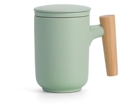 MAGICVOGEL Keramik Teetasse mit Teesieb und Deckel,300ml Teebecher mit mit Holzgriff matte Oberfläche Keramiktasse Losen Tee Becher Geschenk (Grün)