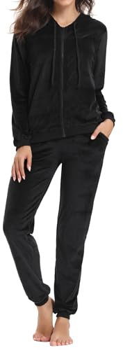 Aottori Tuta Donna Velluto Ciniglia Invernale Da Ginnastica Casual Completa Sportiva Casa Manica Lunga Pigiami Due Pezzi Felpa Con Cappuccio E Pantaloni Nero L