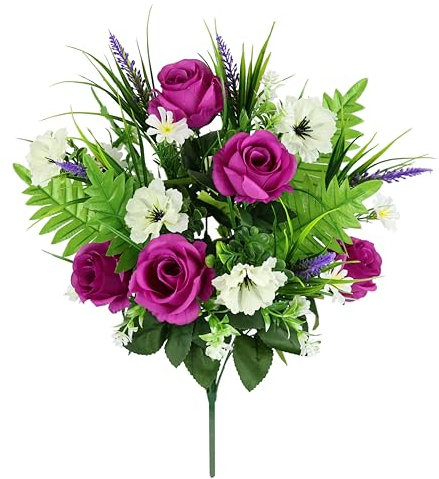 Künstlicher Rosenstrauß mit Lavendel Blüten Farn 52 cm Rosenbusch Kunstblume Strauß Bouquet Seidenblume Blumenbouquet Blumenstrauß Kunstblumenstrauß Rose Dekoblume Hochzeit Mittelstück Tischdeko