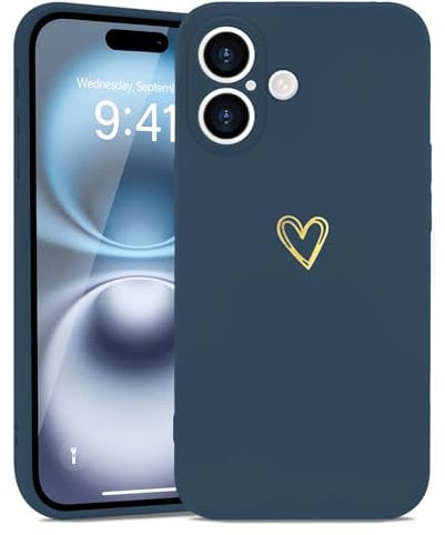 Wirvyuer for iPhone 16 Case Cute Heart Pattern Soft Shockproof Protective Silicone Phone Case for Women Girls, Navy Blue