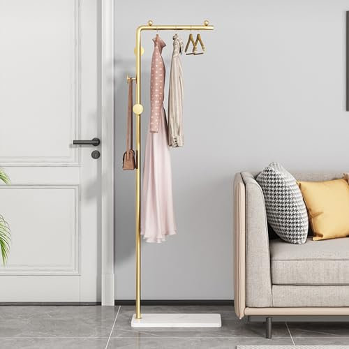 YENTAKE Kleiderständer aus Metall mit 3 Haken, Gold Garderobenständer mit Marmor-Grundplatte, Jackenständer für Kleider, Taschenständer für Wohnzimmer (Golden)
