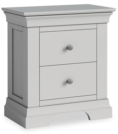 RoselandFurniture Colette Grey 2 Drawer Bedside Table | Fully Assembled, Solid Wooden Night Stand Cabinet with Plinth Base, Painted Pine, French Style, H60cm W54cm D32cm
