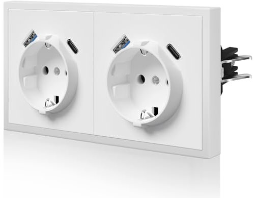 BSEED Steckdose mit USB C, Matt Wandsteckdose Unterputz mit Krallen, Schuko Steckdose mit Kindersicherung, Nur Horizontale Montage, C-Serie,2 Fach,150mm Weiß