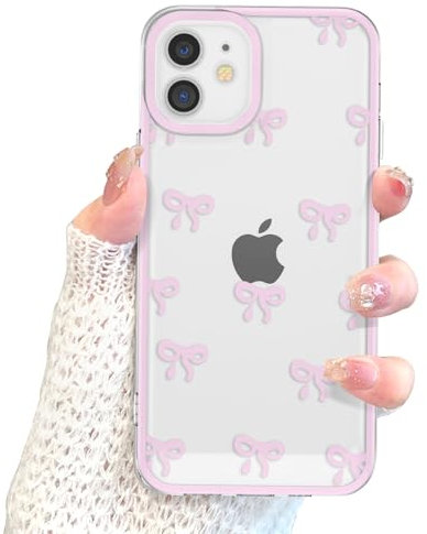 EYZUTAK Case for iPhone 12, Clear Cute Ribbon Bowknot Pattern Aesthetic Transparent Phone Case Raised Camera Protection Stylish Slim Soft Durable TPU Protective Cover for Women Girls - Pink