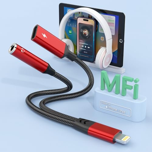 Lightning to 3.5mm Headphone Jack Adapter,【Apple MFi Certified】 2-in-1 iPhone to 3.5mm Headphone Audio Jack and Charger Cable, iPhone Aux Splitter Support Music+Charge+Control for i Phone 14/13,Red