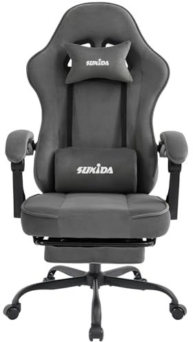 SUKIDA Chaise de gaming en tissu ergonomique avec repose-pieds - Chaise d'ordinateur de course réglable avec support lombaire - Chaise ergonomique pour PC - Gris