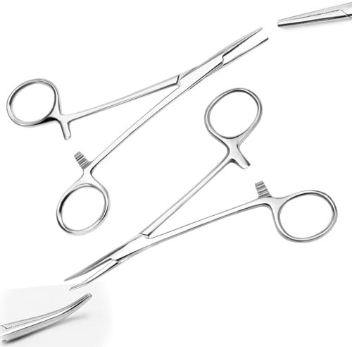 WPPQWP 2 Stück 12.5cm Piercing Zange Set, Selbstsichernd Piercingzange Edelstahl, Gezacktes Design, Arterienklemme, Hakenlöser Angeln, Hundehaar Katzenhaar(1 Gerade+1 Gebogene)