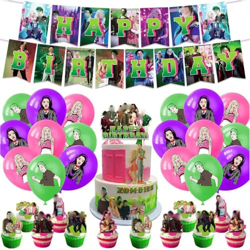 Zombies-themed Birthday Party Decoration Set - 12 Cake Toppers, 18 Balloons, Happy Birthday Banner, 1 Large Cake Topper Set