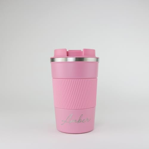 cribstar Personalised Engraved Insulated Travel Mug | Stainless Steel Tumbler | Double-Walled Tea/Coffee Cup | Leak-Proof & Reusable | Keeps Drinks Hot 12h / Cold 24h | Thermal Mug (Pink, 380ml)