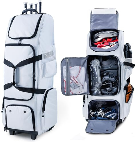 VIGEGARI Verbesserte Baseball-Tasche mit stabiler harter Rückseite – große Softball-Tasche mit Rollen für 4 Schläger, große Teamausrüstung, Duffle-Bat-Tasche, Catcher-Ausrüstungstasche für Jungen 8–12