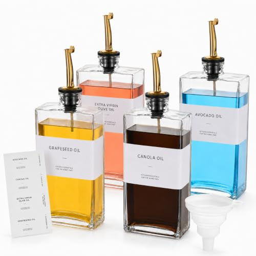 SWEWARM Olive Oil Dispenser Bottles 4 Pack, 500 ml Glass with Gold Pourers | 36 labels and filling funnel, 2 litre total capacity, vinegar soy sauce coffee syrup, pantry countertop coffee bar