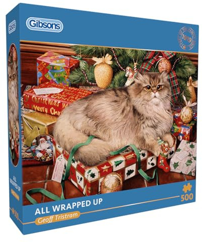 Gibsons All Wrapped Up 500 Piece Jigsaw Puzzle for Adults Challenging Christmas Cat Theme Festive Gift Thickest 100% Recycled Board Premium Quality by Gibsons Games