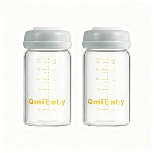 Qmibaby Glass Breast Milk Storage Bottles 180ml Grey BPA-Free Leak-Proof Baby Bottle for Breastmilk Storage Wide Neck Bottles with Screw Ring Sealing Disk Breastfeeding Milk Collection 2 Pack