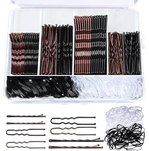 Set mit 300 Stück Haarnadeln, darunter 200 Bobby Pins und 100 Haargummis für Damen, French U-Haarklammern in Schwarz und Braun, Haarnadeln in den Größen 5 cm, 6 cm und 7 cm.