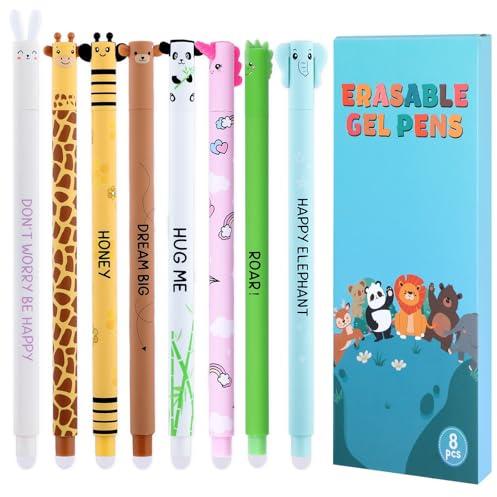 Thboxes Radierbare Gelstifte 8er Set, 0,7 mm, Tiermotive, Bunt