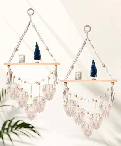 Beiktehy Makramee Wandregal Holz Wanddeko Makramee Wandbehang mit Regal Schweberegale Boho Deko für Wohnzimmer Schlafzimmer Kinderzimmer Balkon (beige B)
