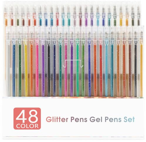 OWill Glitter Gel Pens Set, Metallic Coloured Writing Pens for Adults, Fine Tip Metallic Pens for Journaling, Planner, Office Notes, Greeting Cards & Creative Writing(48PCS)