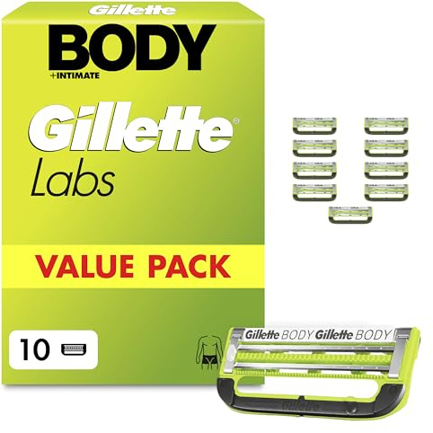 GilletteLabs Body + Intimate Razor Blade Refills, 10 Cartridges | 2 Blade system, Precision Trimmer, Anti-ingrown Bar, Anti-irritation Bar, Long-lasting Lubrastrip
