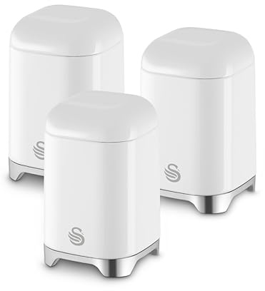 Swan Solace Set of 3 Canisters for Tea, Coffee and Sugar, Durable Iron Body Wipes Clean and Resists Scuffs, Each Canister is 1.5L, White, SWKA18541WHT