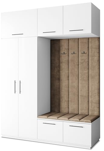 Masseno Flugarderoben Set Rema, Kleiderschrank-Set mit Sitzbank, Garderobenschrank Flur mit 5 Regalböden, Weiß