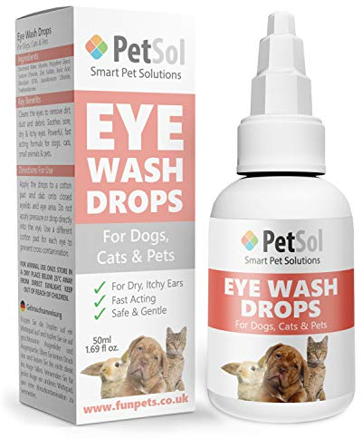 PetSol Eye Wash Drops for Dogs, Cats & Pets (50ml) for Itchy, Watery, Gunky Eyes. Gentle Lubricating Drops Clean and Protect Dry Eyes – Mild Eye Cleaner Removes Dirt, Dust and Residue