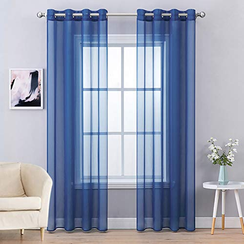 MIULEE 2er Set Voile Vorhang mit Ösen Gardine aus Voile Polyester Ösenschal Transparent Wohnzimmer Luftig Dekoschal für Schlafzimmer Dunkelblau 245 x 140cm (H x B), Grommet Top