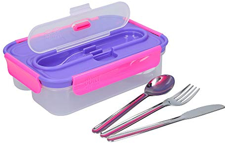 Built Bento Leakproof Lunch Box with Stainless Steel Cutlery, Plastic, Purple/Pink, 23.5 x 17 x 6.5 cm