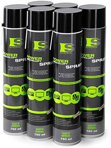 6 x 750ml Spraytive Power Druckluftspray/Druckluftreiniger mit 100mm Sprühverlängerung - PC Reinigungsset zur Reinigung von Tastatur, Computer, Kamera - Air Duster