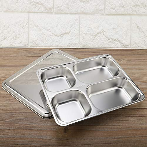 Bandeja de comida de acero inoxidable, bandeja de servir duradera, apta para lavavajillas, gruesa, con tapa reutilizable para comedor doméstico(Four grid)