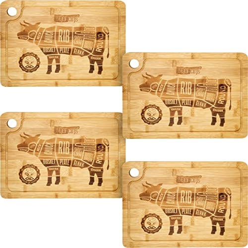 DuneDesign Set de 4 Planches à Steak en Bambou - Bois Massif 33x23cm Épais 20mm avec Rigole pour Jus