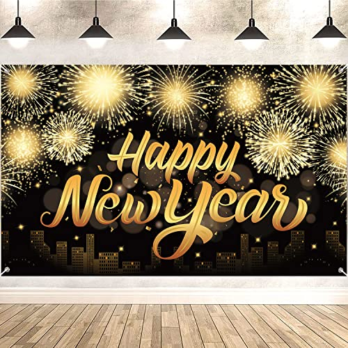 Großes Happy New Year Banner, 2024 Silvester Dekorationen, XXL Neujahr PartyDekoration Schwarz und Gold, 2024 Neujahr Hintergrund Banner für Silvester Dekoration