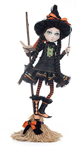Katherine's Collection 2023 Halloween Hollow Hilary Blackroot On Broom Doll, 13.75x12.5x29 Inches, Orange/Black - Collectible Handcrafted Decoration
