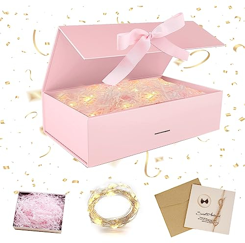 Geschenkbox mit Deckel,Geschenkbox mit Schleifen,Faltbare Geschenkbox,Geschenkkarton mit Magnetisch,Geschenkbox Set,Grußkarten,Raffia Hamper Shreds,LED-Lichterkette,für Hochzeit Geburtstag Weihnachten
