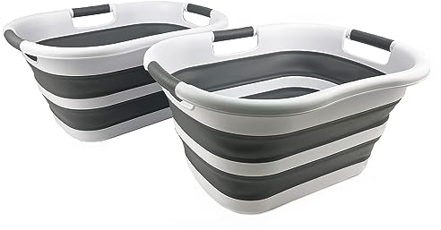 SAMMART 30L zusammenklappbarer Kunststoff-Wäschekorb – faltbarer Pop-Up-Aufbewahrungsbehälter/Organizer – tragbare Waschwanne – platzsparender Korb/Korb (Weiß/Stahlgrau (2er-Set))