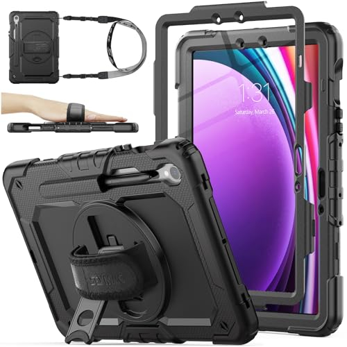 SEYMAC stock Hülle für Samsung Galaxy Tab S10 FE/S9 FE 10,9 Zoll /S9 11 Zoll 5G Tablet, Stoßfeste Hülle mit Displayschutz, 360° Drehbarer Ständer/Handschlaufe, Stifthalter & Schultergurt, Schwarz