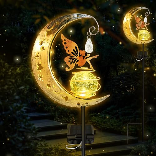 pyntop Solar Lights Outdoor Garden Ornaments, Solar Powered Fairy Moon Lamp Waterproof, Vintage Metal Moon Star Crackle Glass Ball LED Stake Lights Decorative for Balcony Lawn Patio Pathway Grave
