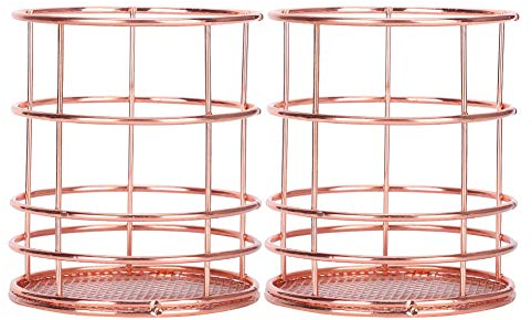 MINGZHE Pencil Holders Round Rose Gold Desktop Storage Basket 2Pcs Pen Holder for Desk, Make Up Brush Holder Rose Gold Metal Wire Pencil Cup Holders Metal Mesh Makeup Organizer Box