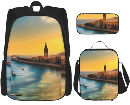 AthuAh Sunset in Barcelona Rucksack,*# Mädchen Jungen Rucksack mit Lunchtasche und Federmäppchen 3-teiliges Set für Wandern, Schule, Ausflug, Schwarz , Einheitsgröße