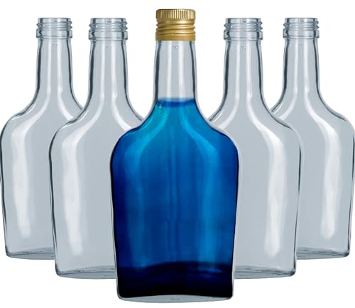 5 Bouteilles de Luxe en Verre 250ml avec Bouchon à Vis Noir + 1 Entonnoir Inclus | Élégance et Modernité en Verre de Haute Qualité pour Boissons, Rhum, Liqueur et Préparations Artisanales