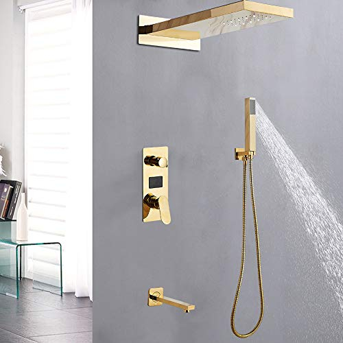 Système de douche 3 voies avec thermostat - Douche de pluie - Douchette à main - Mitigeur encastré - Douche de tête de salle de bain - Montage mural - Panneau de douche - Robinet cascade en acier