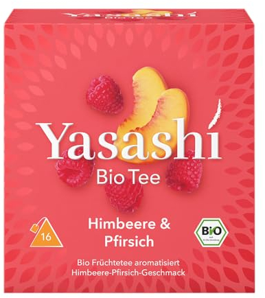 Yasashi Tee | Himbeere-Pfirsich | 16 Pyramidenbeutel | Glutenfrei | Laktosefrei | Vegan