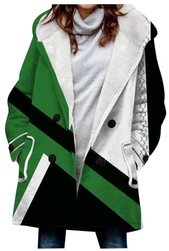 Generisch Winterjacke Damen, Große Mit Warmer Und Plüsch Geometrischer Bedruckter Kapuzenjacke Knöpfen Taschen Wintermantel Damen Steppjacke Waveboard XXL Benthe-Wasserdichter Jacket (M, Green)