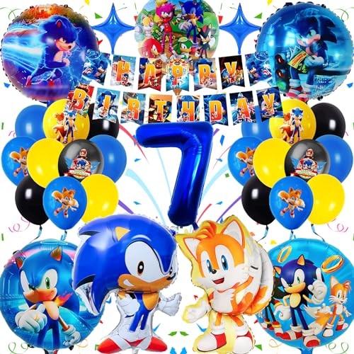 Sammelalbum Sonicc Decoración 7 Años, Kit 31 Piezas Globos Cumpleaños Niño, Fiesta con Globo Aluminio 3D y Pancarta Feliz Cumpleaños
