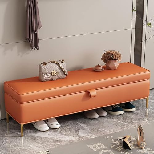 BOKNI Aufbewahrungsbank, Kunstleder-Aufbewahrungsbank, Premium-Bettendbank mit Stauraum, Moderne Polsterbank, Schuhbank, Schlafzimmerbank, Orange