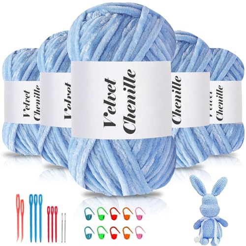 Maxee 500g(5×100g) Samtig Babywolle, Samt Chenille Garn mit Häkelwerkzeuge, Kuschelweich Velvet Chenillegarn Flauschige, Weich Plüschwolle Häkelgarn Wolle zum Stricken & Häkeln-Hellblau