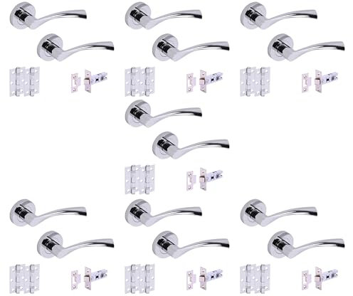 HANDLEZONE® 7 Sets Lobo Internal Door Handles on Rose Lever Latch Packs with 75mm Ball Bearing Hinges and 76mm Latches - Polished Chrome