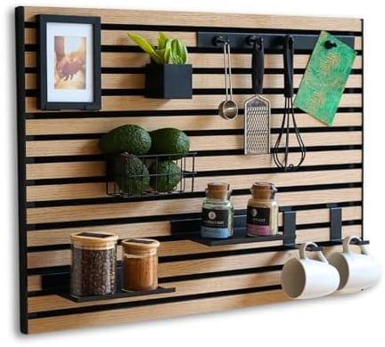 Steinmine - Designmanufaktur Wandorganizer (60 x 80 cm) - Akustikpaneel mit Eichenholzlamellen - inkl. Zubehör - einfache Montage - für Büro, Flur, Küche, Bad und mehr