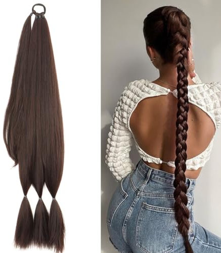 Braid Extensions Pferdeschwanz Verlängerung mit Haargummi 79 cm Lang Ponytail Geflochten Kunsthaar Haarverlängerung Zopf Haarteil für Damen Braun