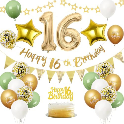 16. Geburtstag Deko Salbeigrüne, Luftballon Deko 16. Geburtstag Frau Mann, Geburtstagsdeko 16 Jahr, Gold Folienballon 16, Grün Weiß Gold Luftballons 16 Jahr mit Banner Tortendeko für Party Dekoration
